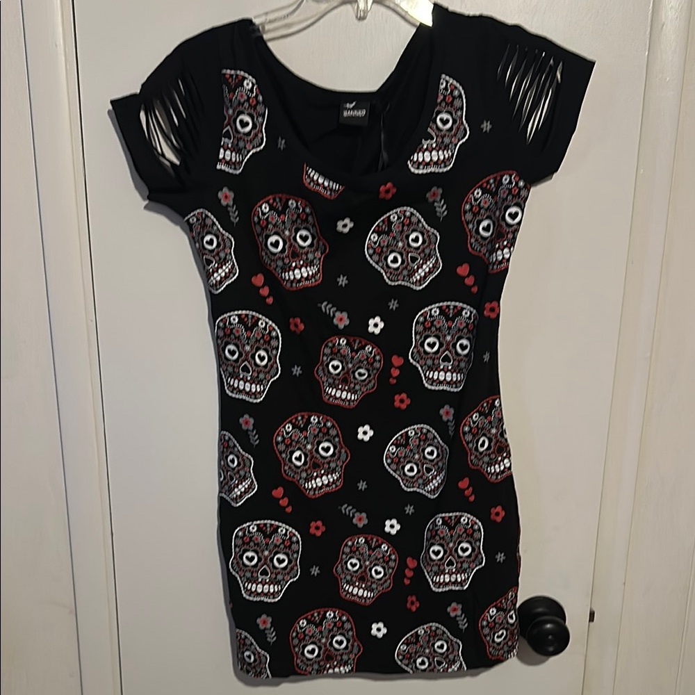 Banned brand Black sugar Skull Print Dress top size medium halloween